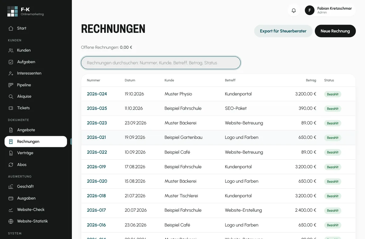Verwaltung für Rechnungen (Eigene Software, Beispieldaten)